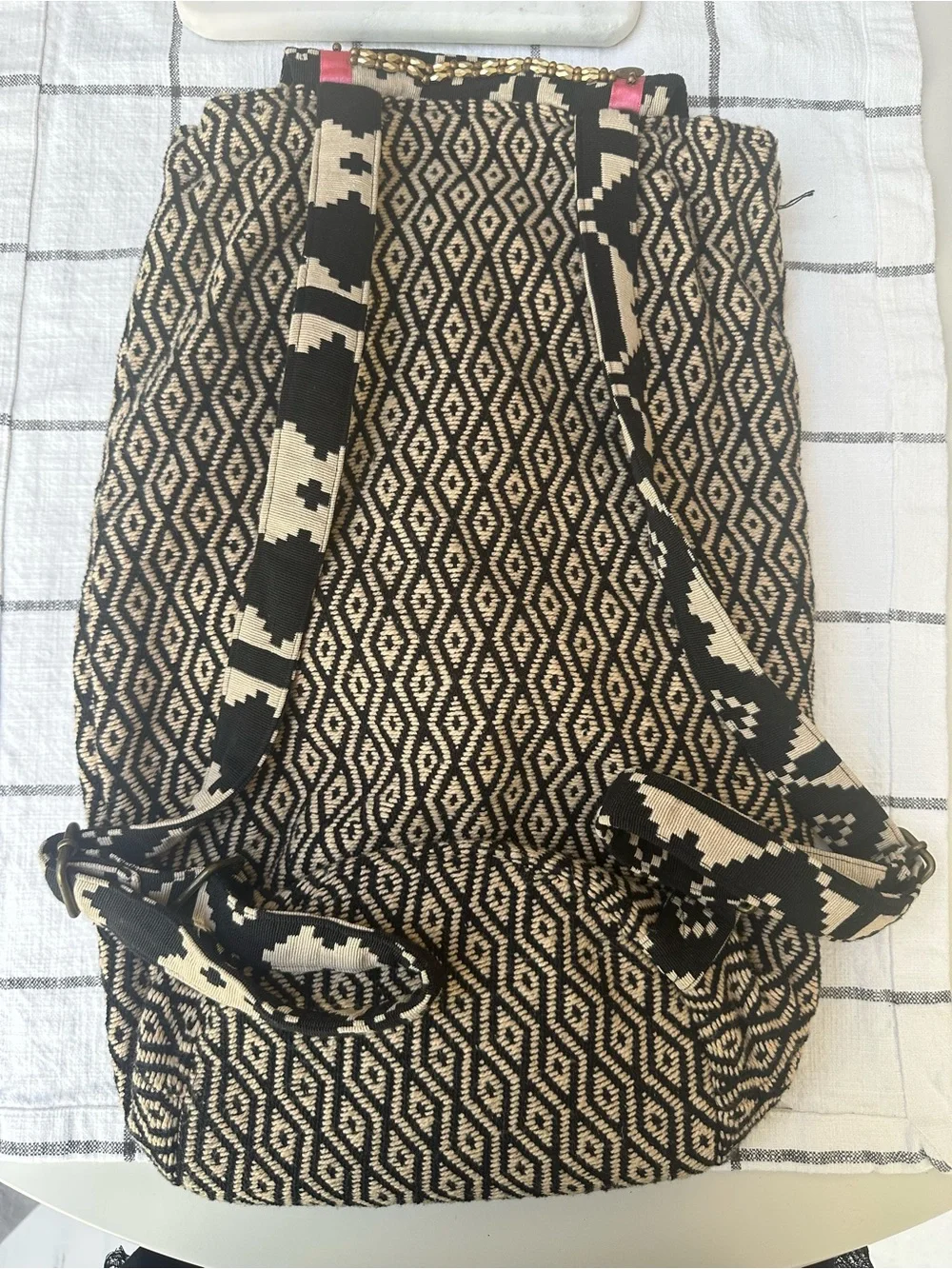 Free People Black & Cream Boho Beaded Backpack with Pink Accents